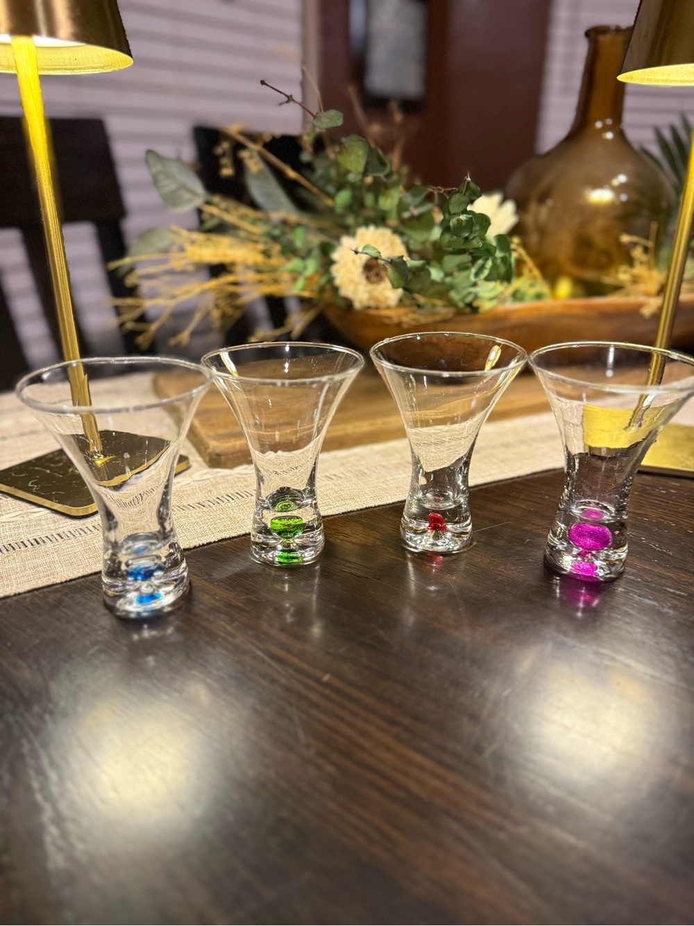 Set Of 4 Vtg Blown Multi Colored Bubble 4” Double Shot  Tall Glasses